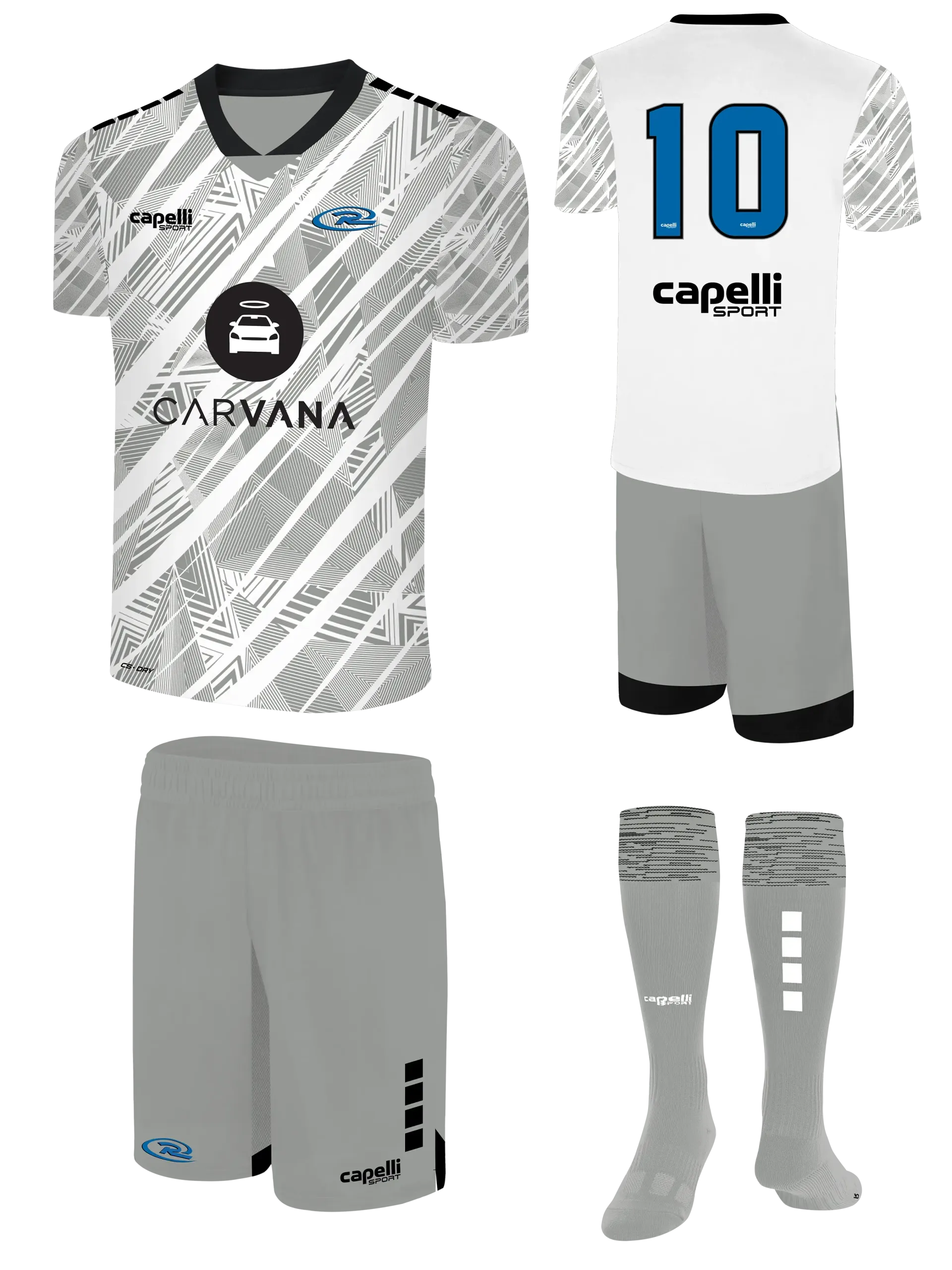 A soccer uniform with a white shirt , gray shorts , and socks.