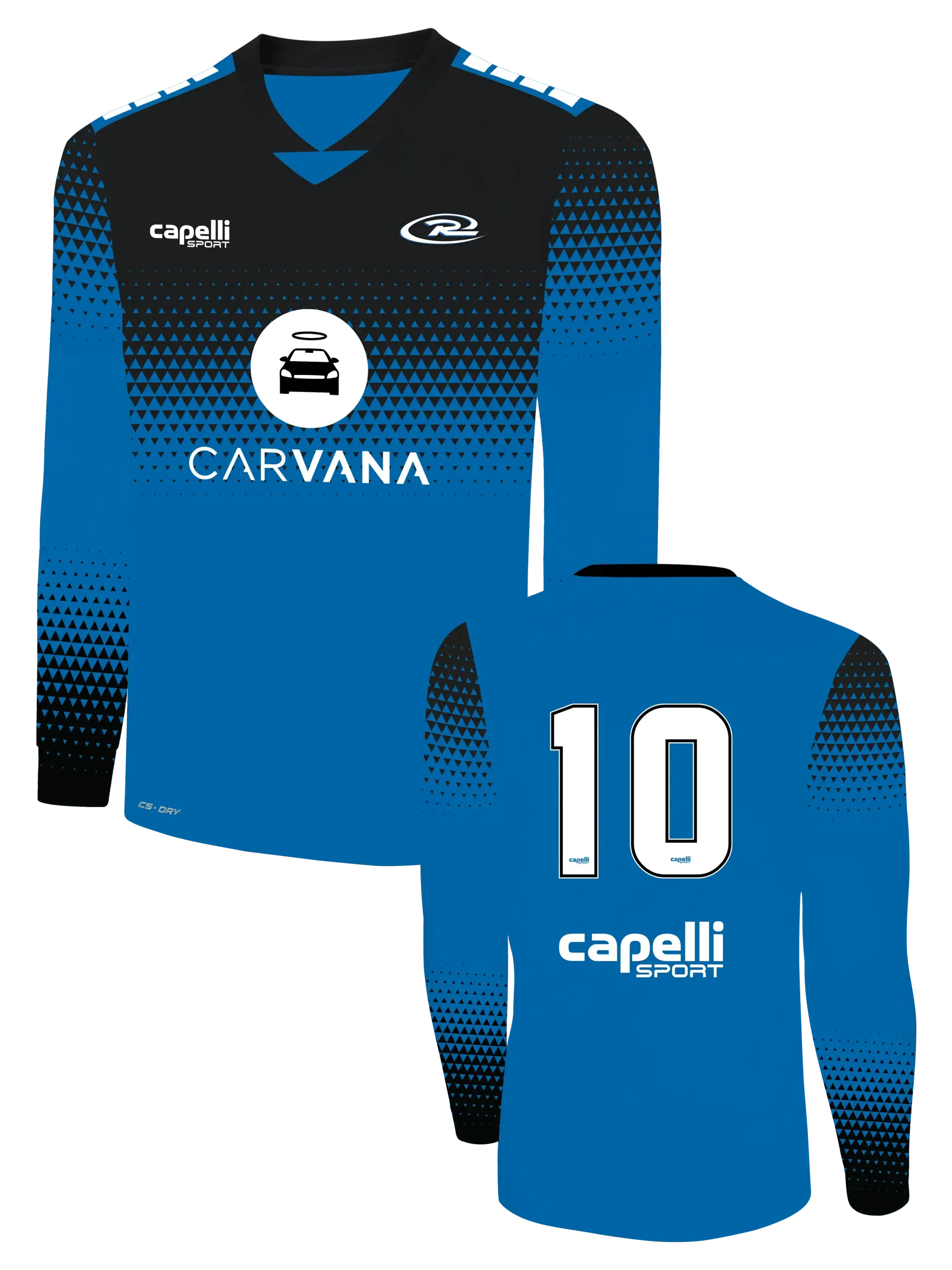 A blue and black soccer jersey with the number 10 on the back.