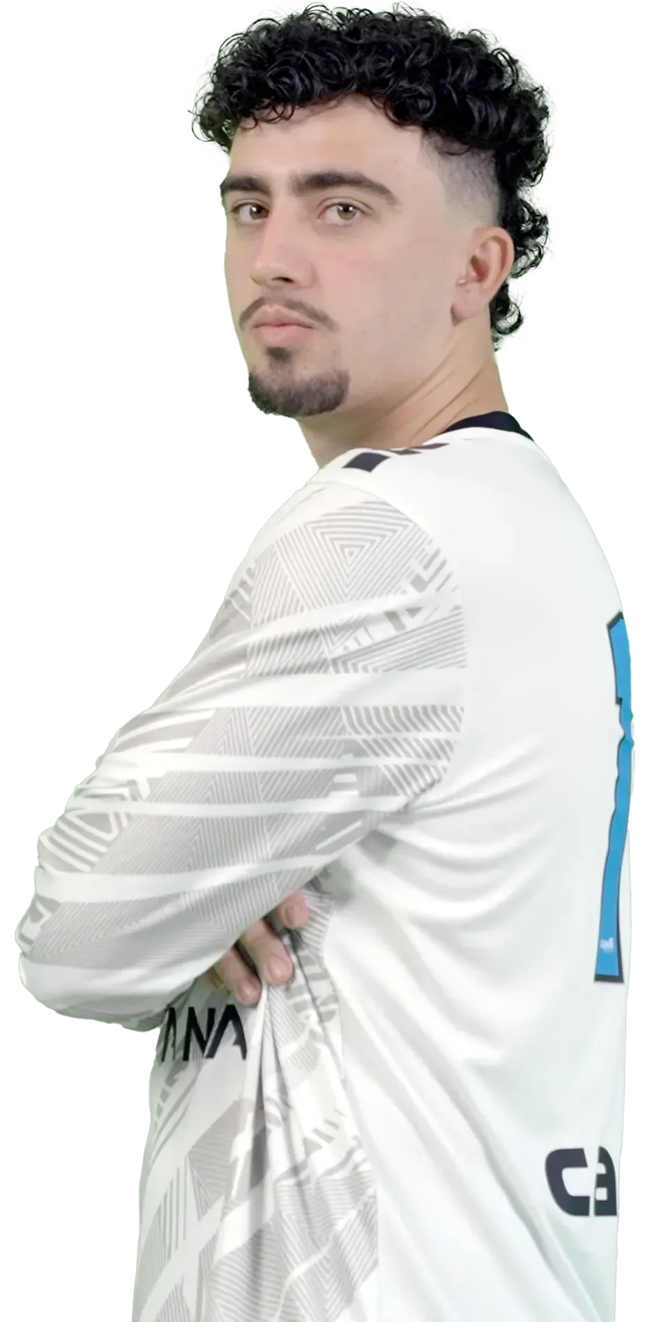 A man with curly hair and a beard is wearing a white jersey with the number 1 on the back.