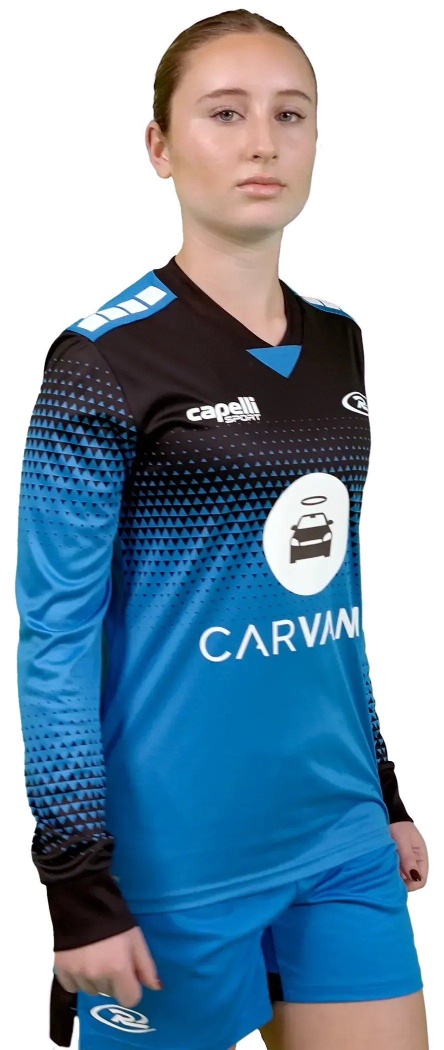 A woman is wearing a blue and black soccer jersey and shorts.