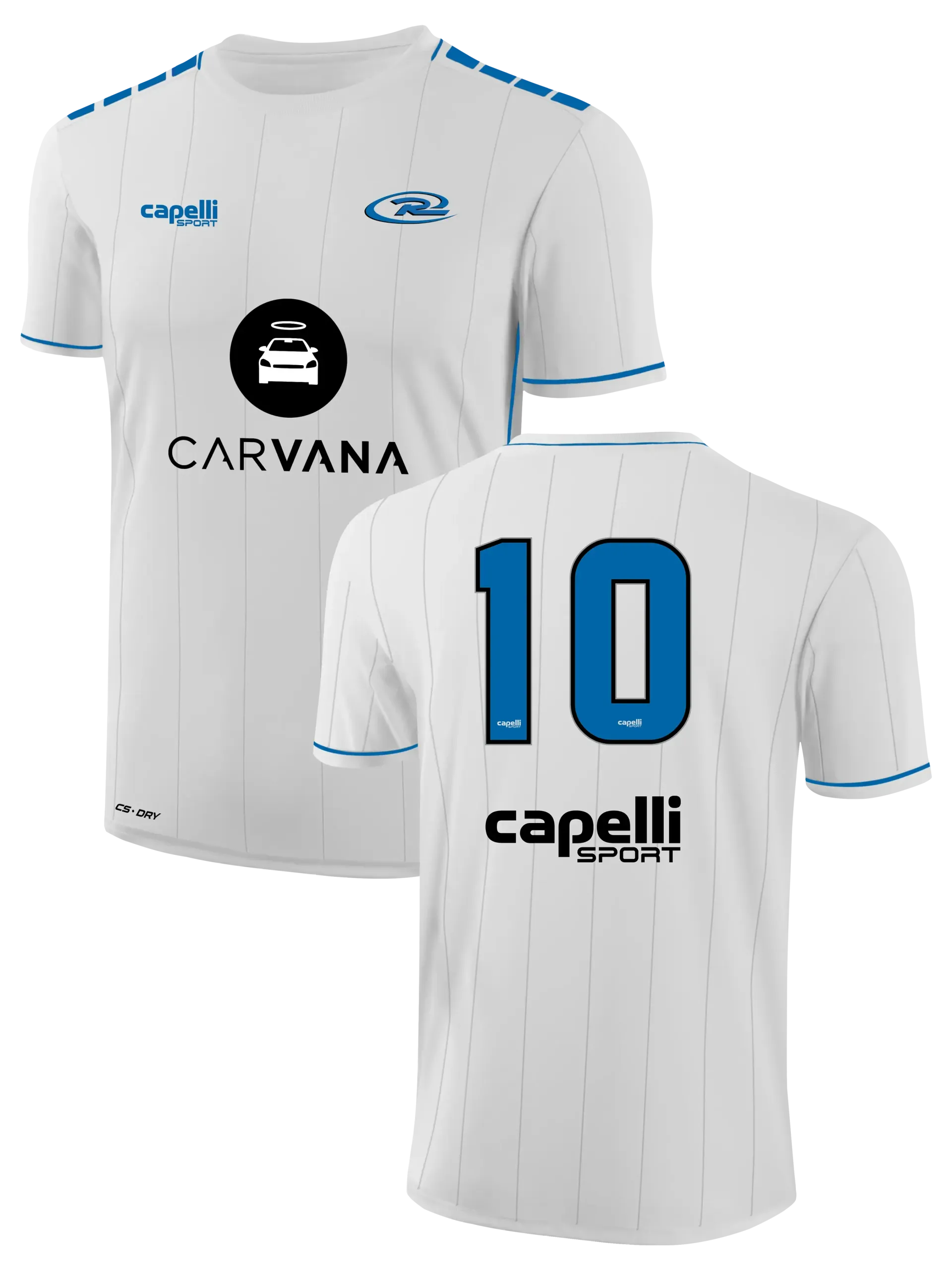 The front and back of a white soccer jersey with the number 10 on it.