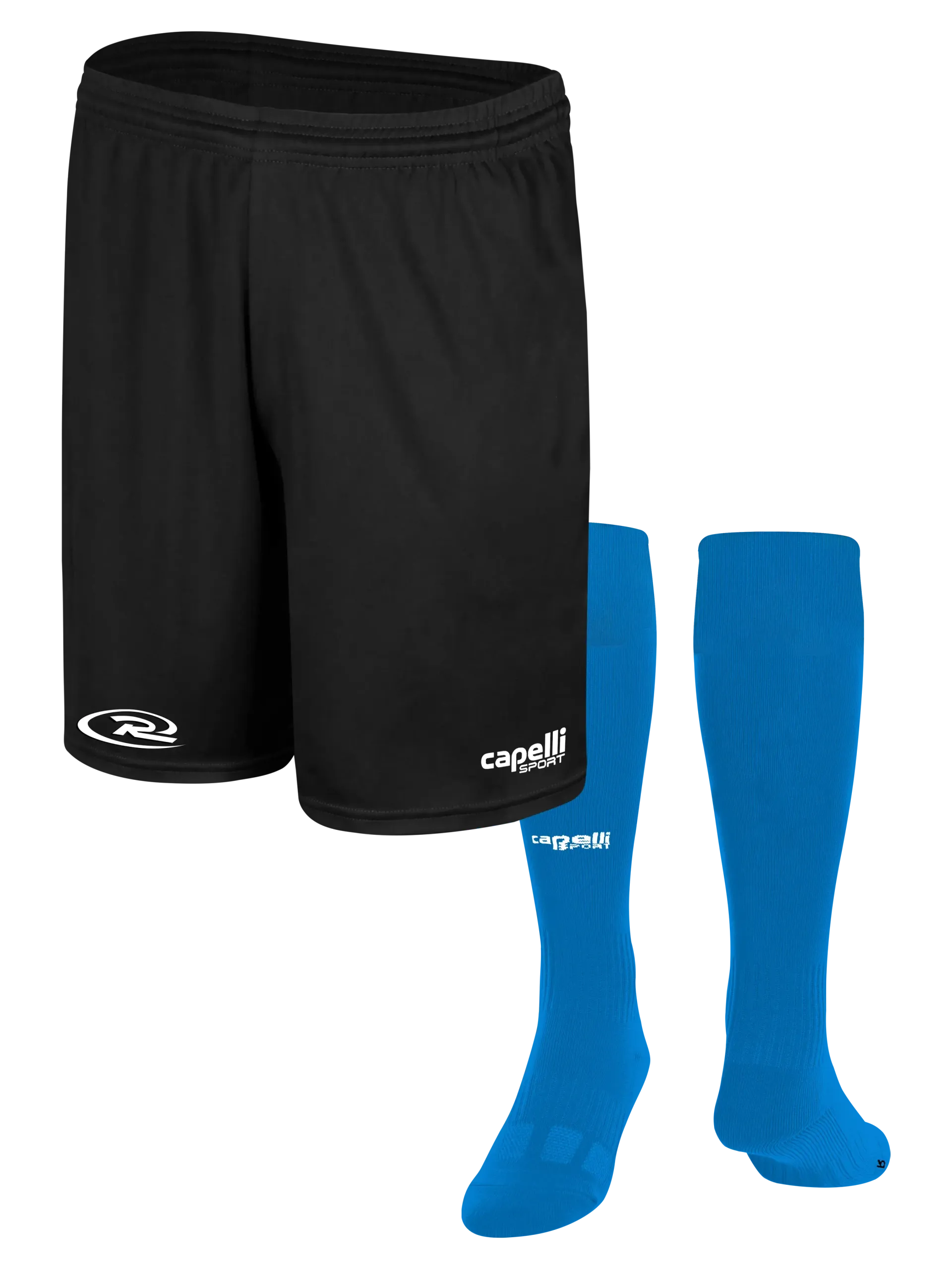 A pair of black shorts and blue socks on a white background