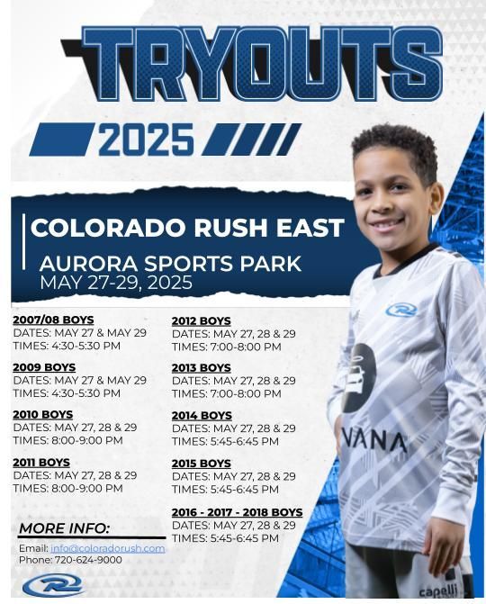 A poster for tryouts in colorado rush east aurora sports park