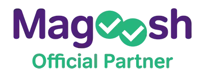 The magoosh official partner logo is purple and green with a check mark.