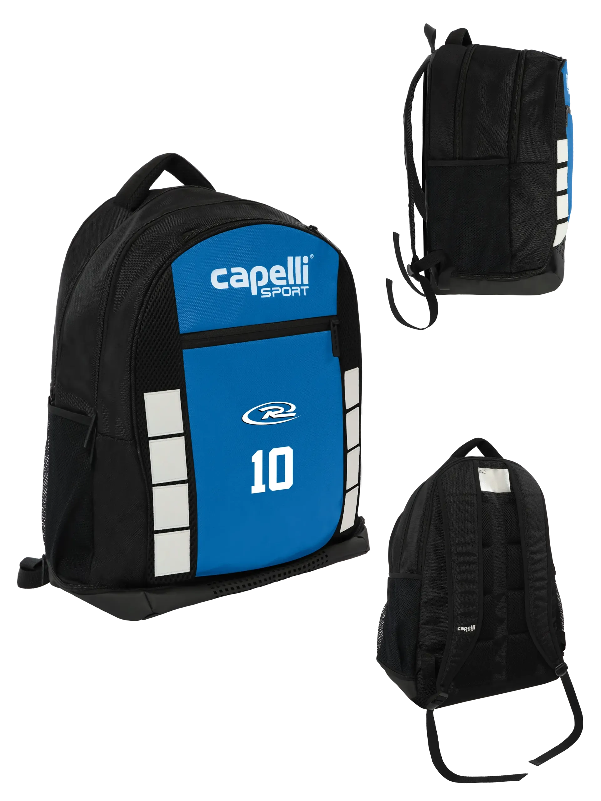 A blue and black backpack with the number 10 on it