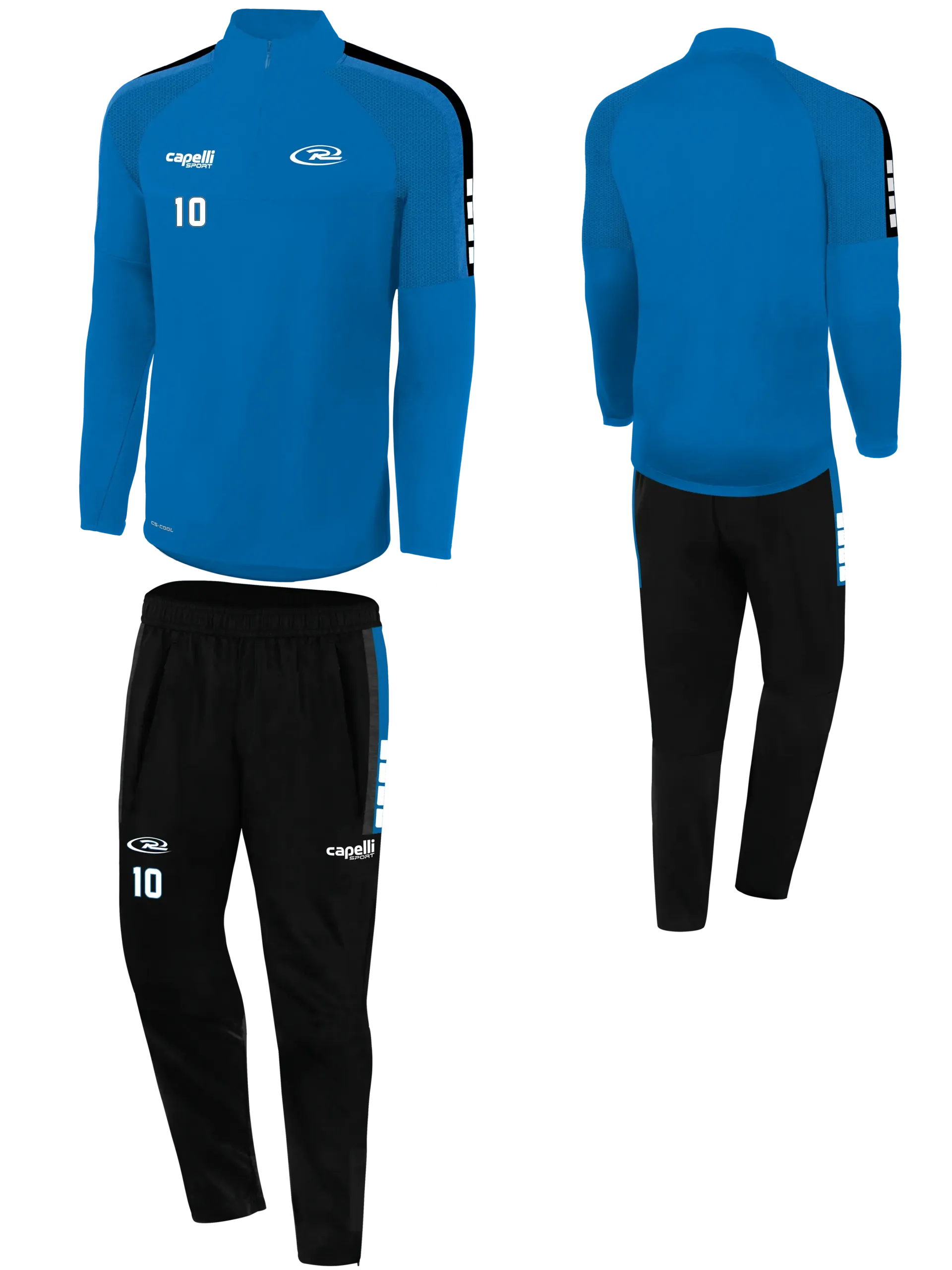 A blue and black tracksuit with the number 10 on the front