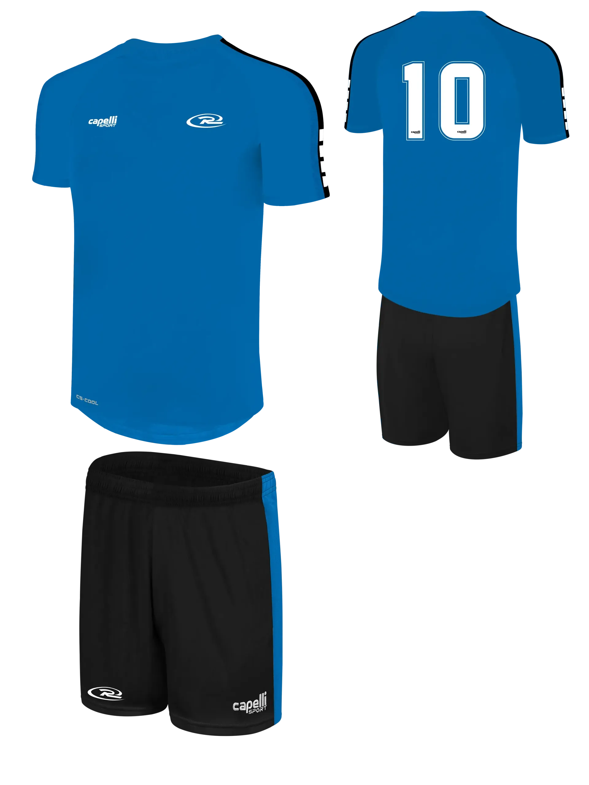 A blue and black soccer uniform with the number 10 on the back.