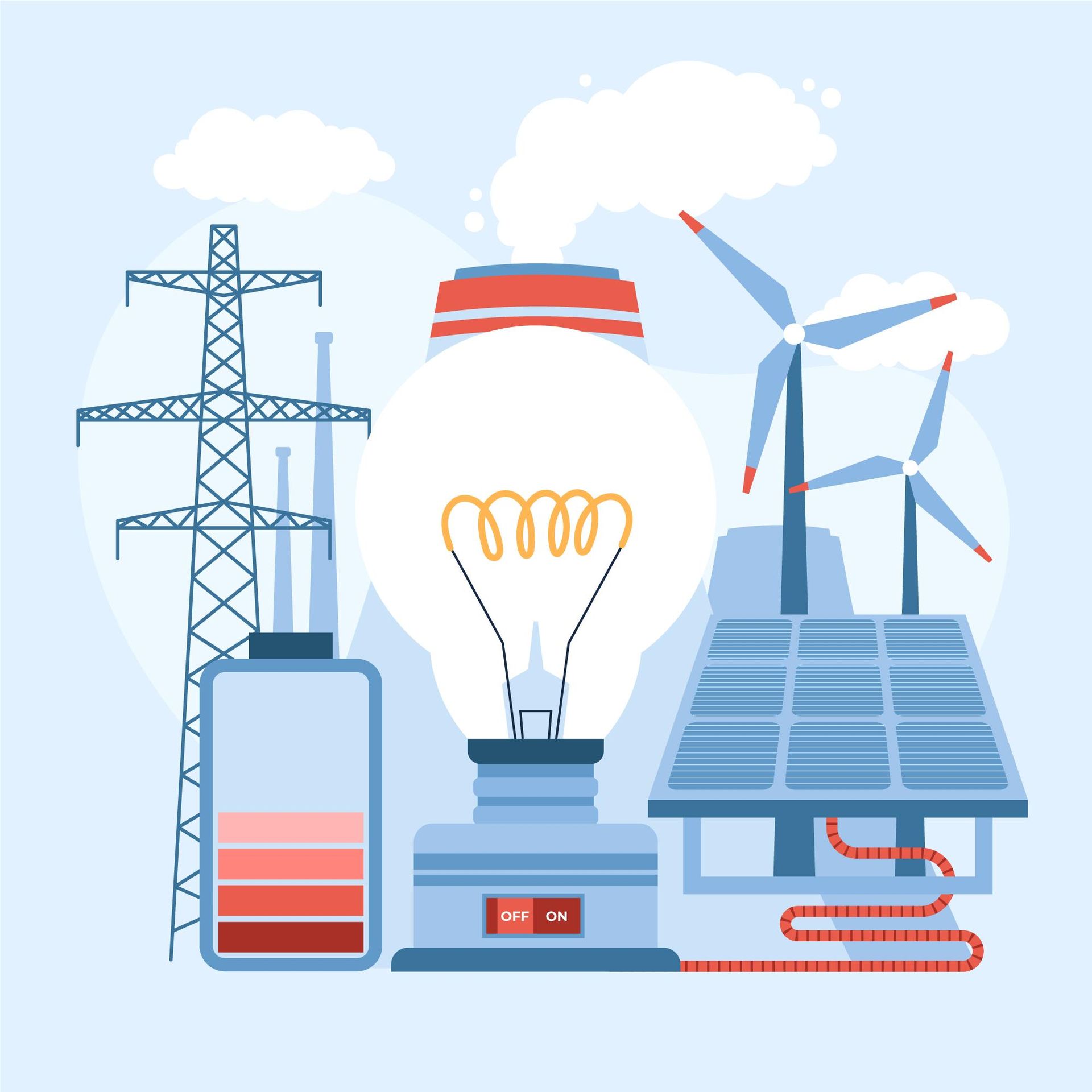 A light bulb is surrounded by a battery , windmills , and power lines.