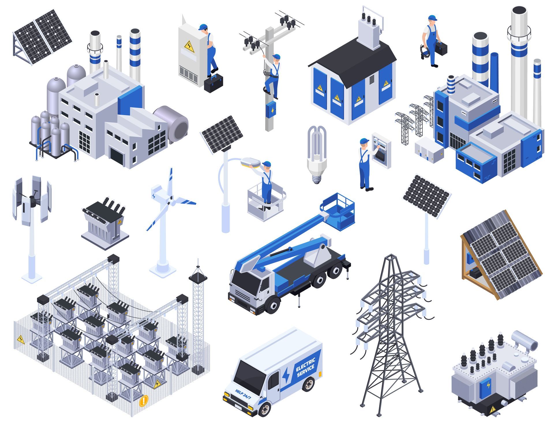 A set of isometric illustrations of various types of electrical equipment.