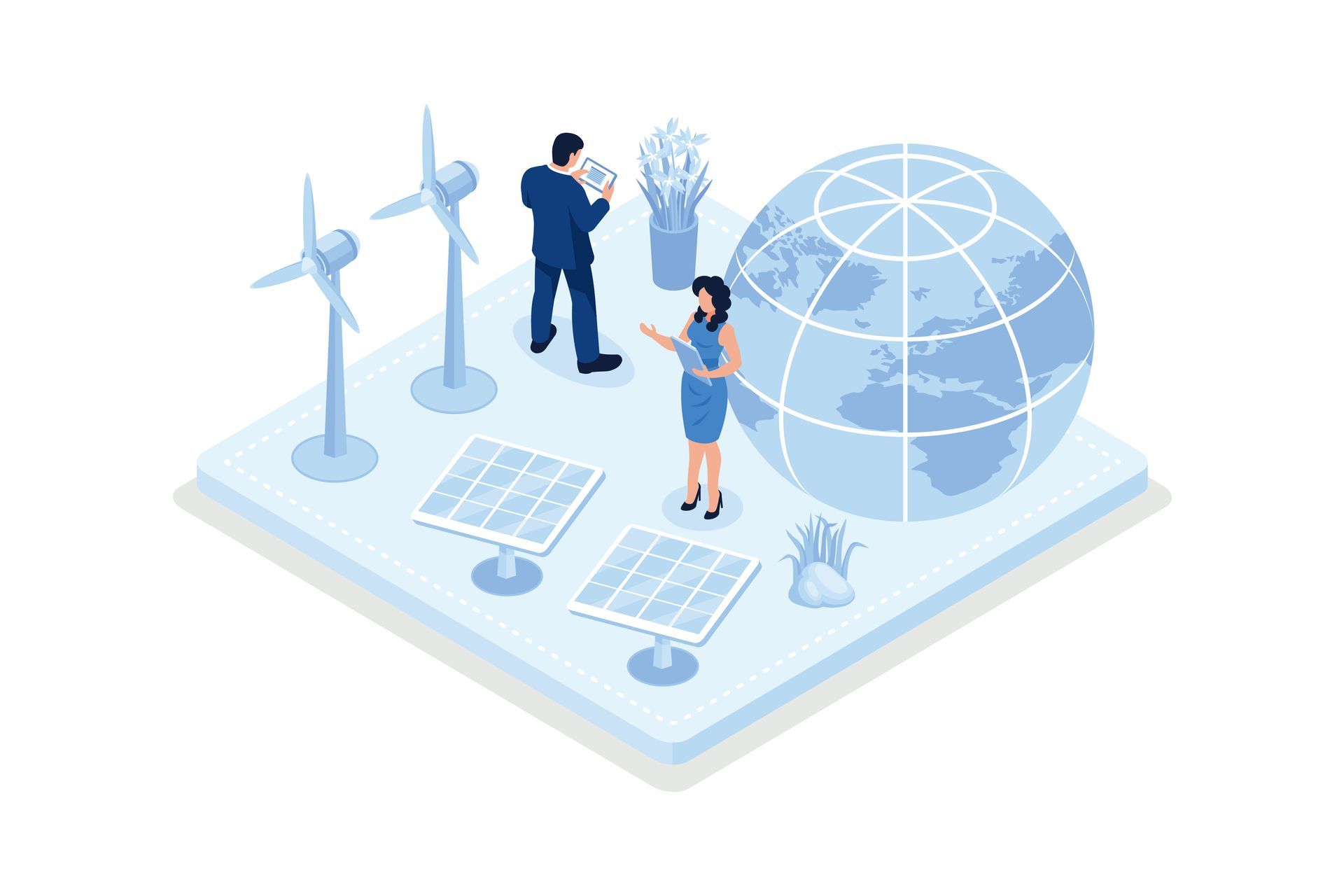 A man and a woman are standing in front of a globe surrounded by wind turbines and solar panels.