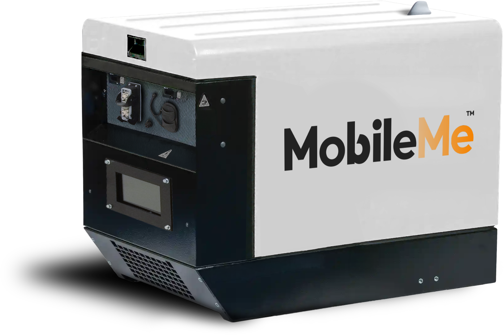 MobileMe white and black mobile or portable EV charge with logo, angled on a plain background