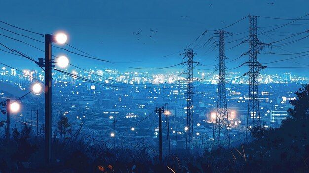 A city at night with a lot of power lines in the foreground.