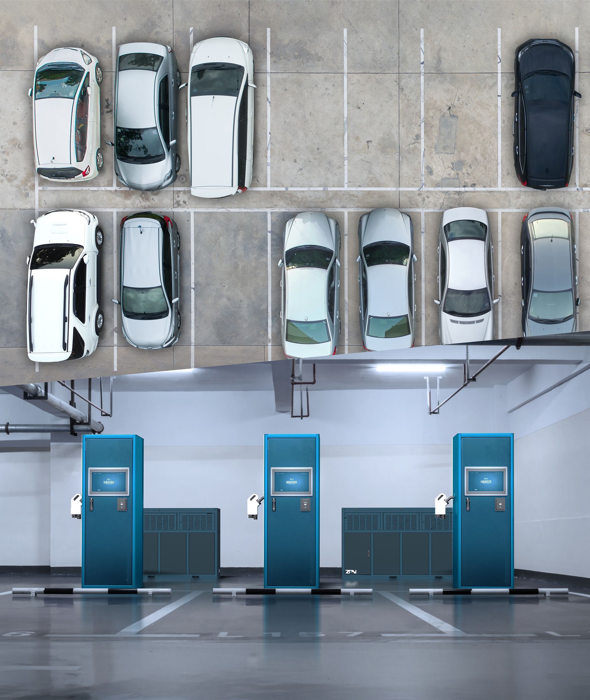 A lot of cars are parked in a parking garage slipt with EV charging