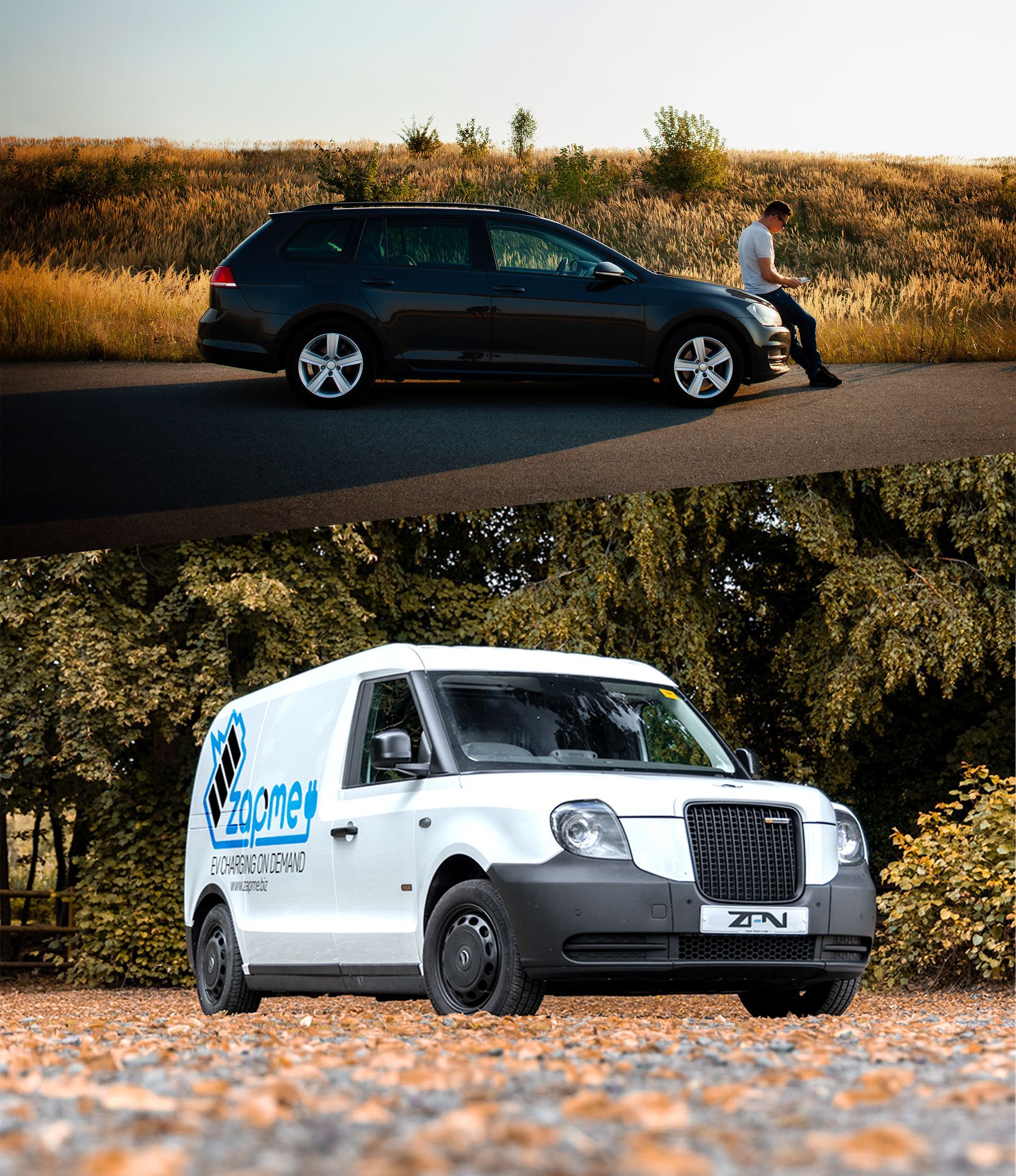 A black car and a white zapme van are parked on the side of the road.