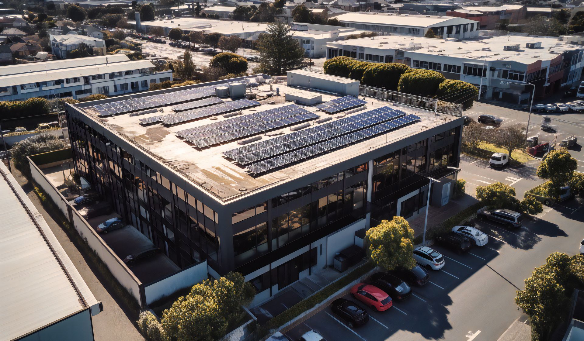 An aerial view of a building with solar panels on the roof.