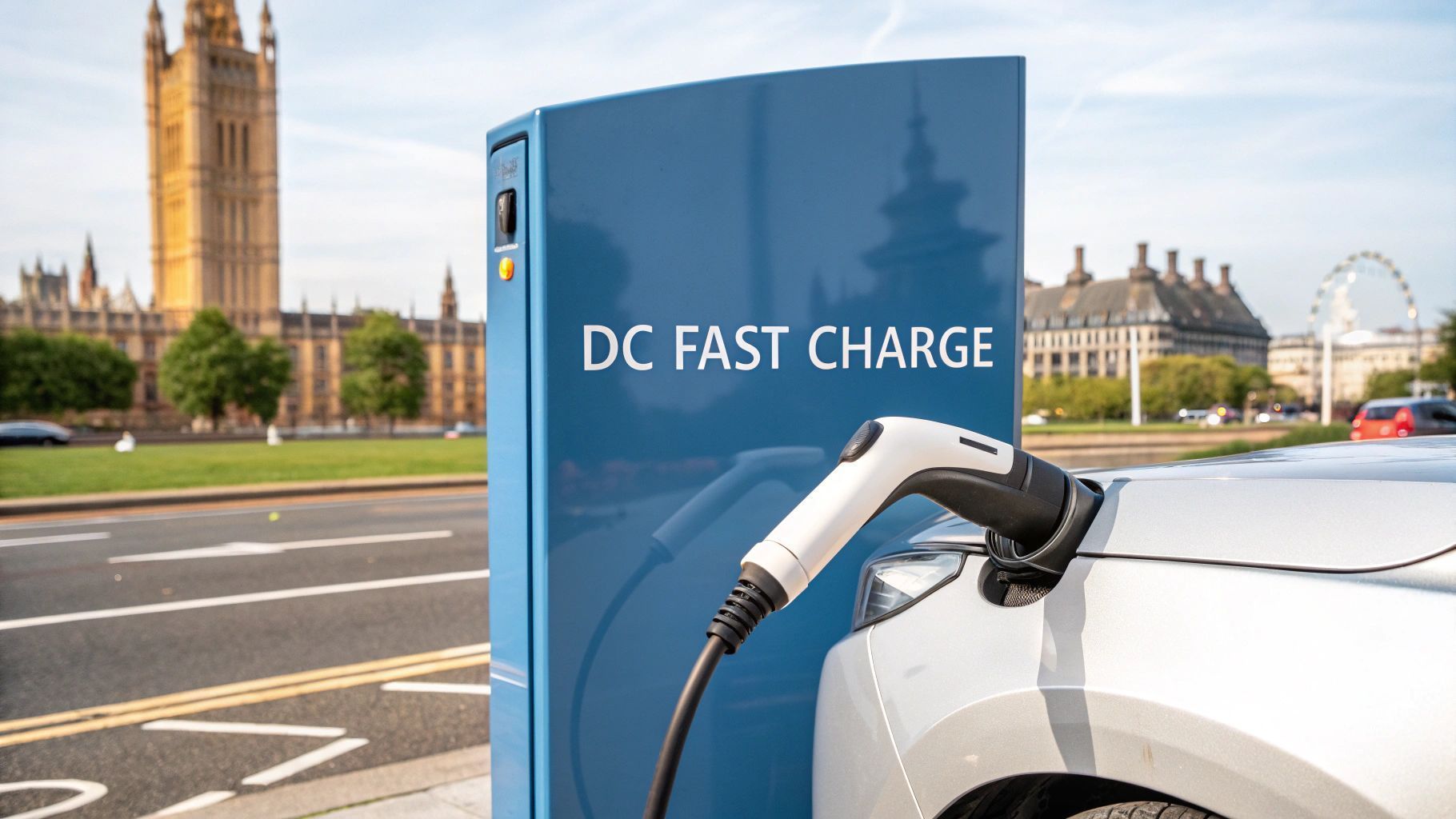 Electric car charging at a DC fast charger, with the Houses of Parliament in the background.