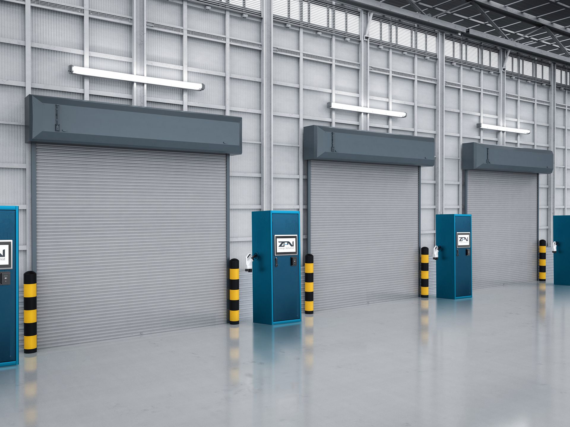A warehouse with a row of roller shutter doors aligned with zpn hubz rapid ev charger 