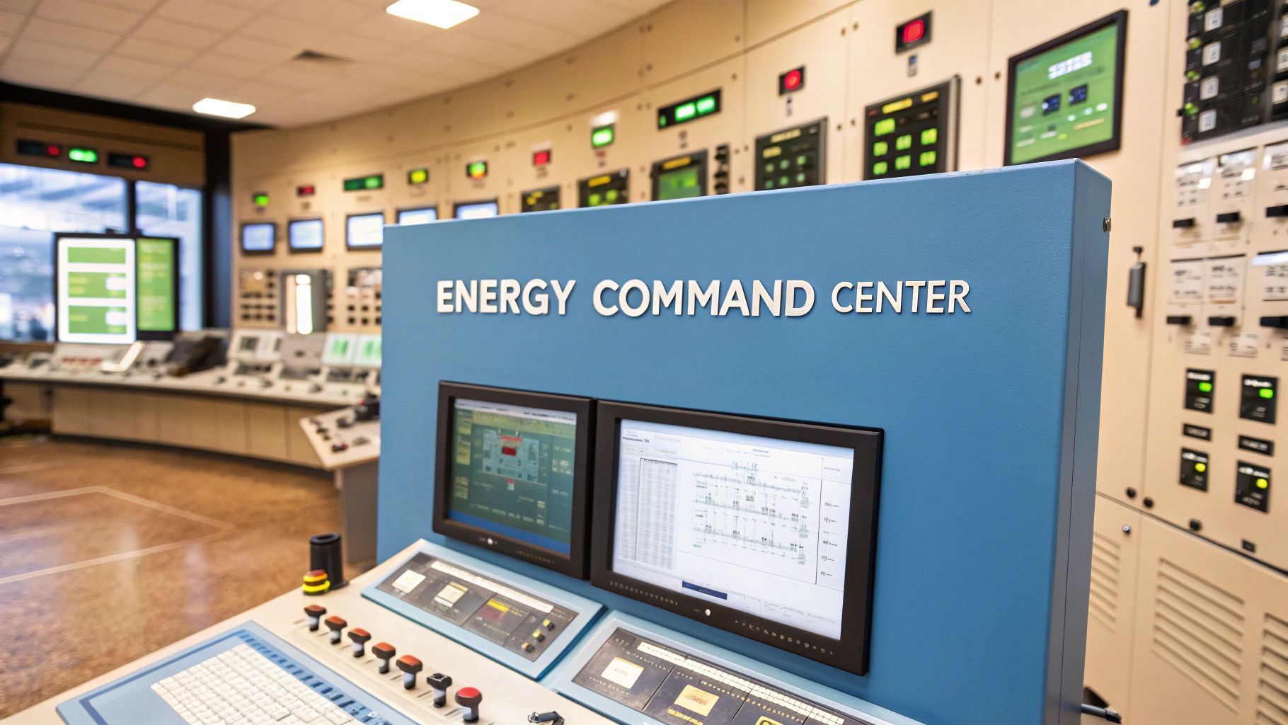 Control room of an energy command center, with monitors and equipment displaying data.