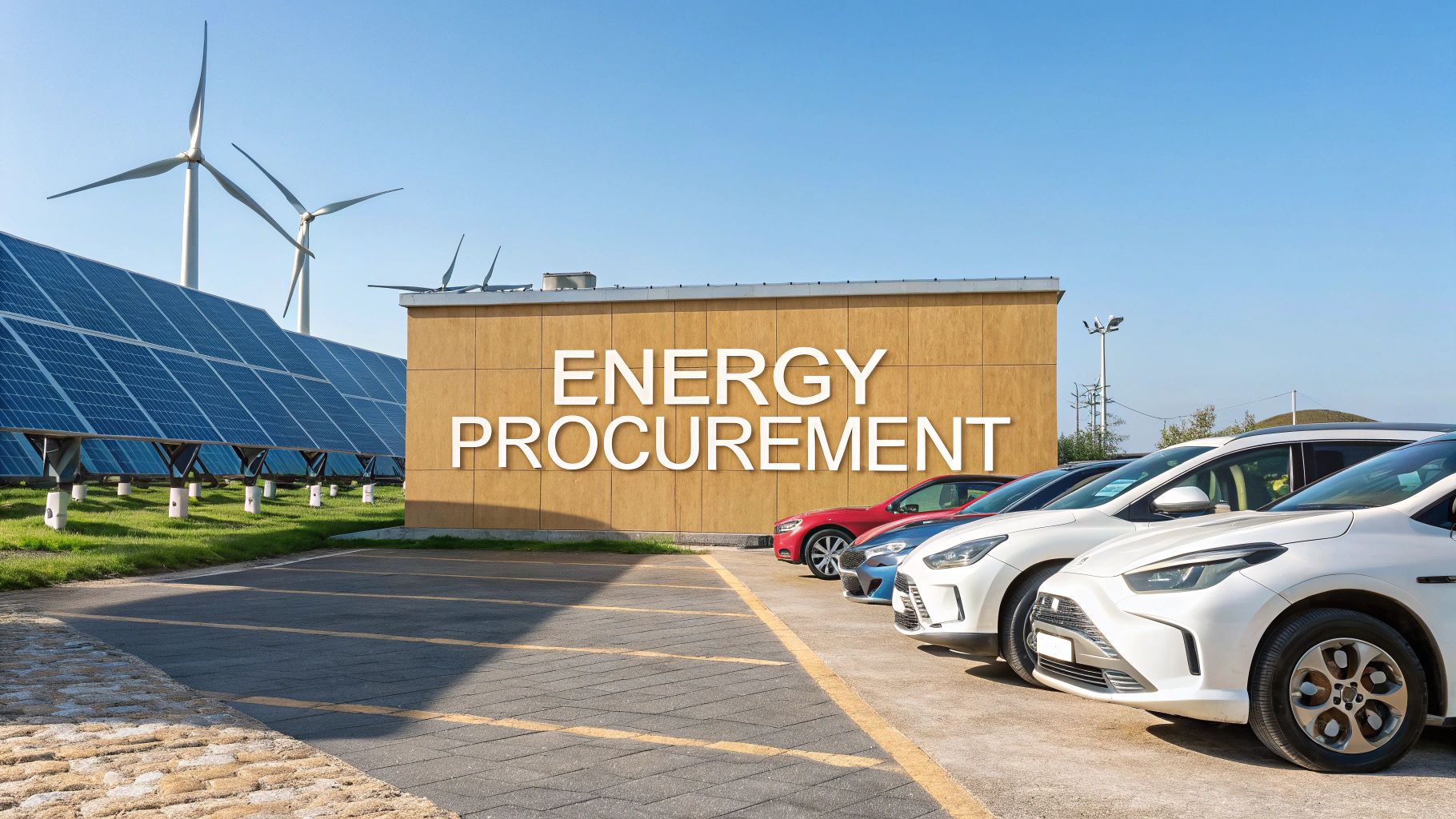 Solar panels and wind turbines power a parking lot with electric vehicles; text reads