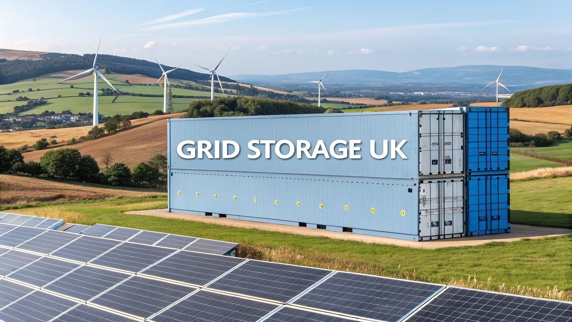 Solar panels and stacked blue containers labeled