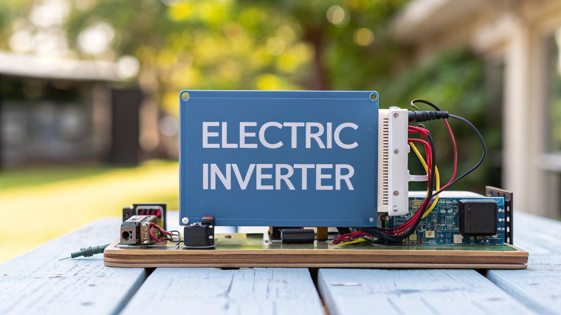 Electric inverter on a circuit board, outdoors. Blue sign reads
