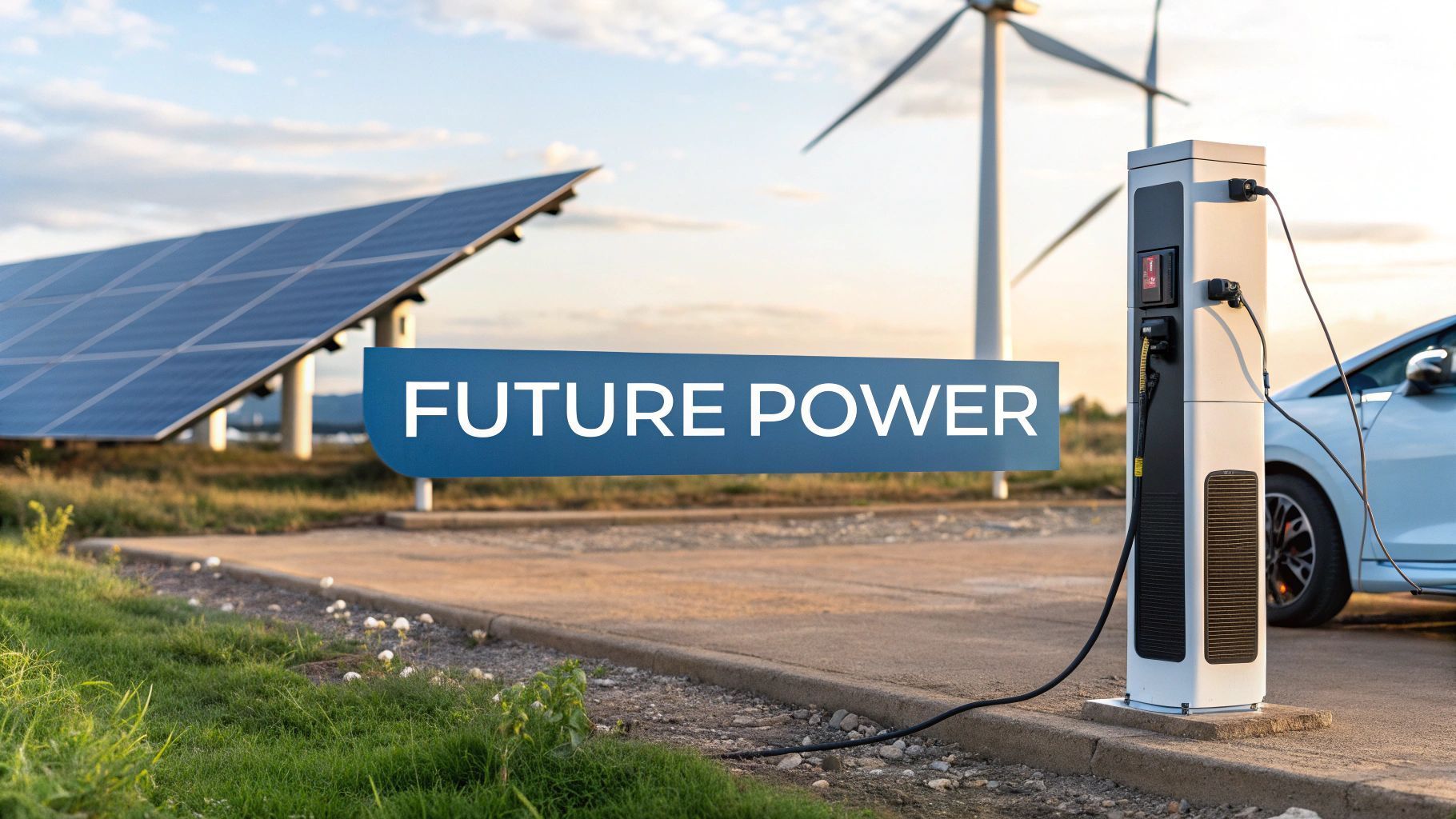 Solar panel, wind turbine, and EV charging station with a car; 