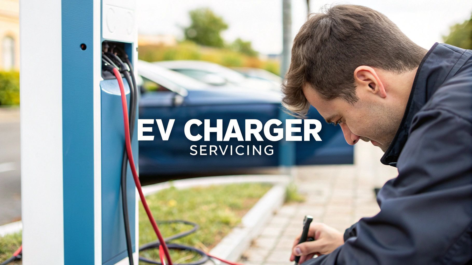 Man servicing an EV charger; blue charger, black and red cables, blue car in background. Text overlay: EV CHARGER SERVICING.