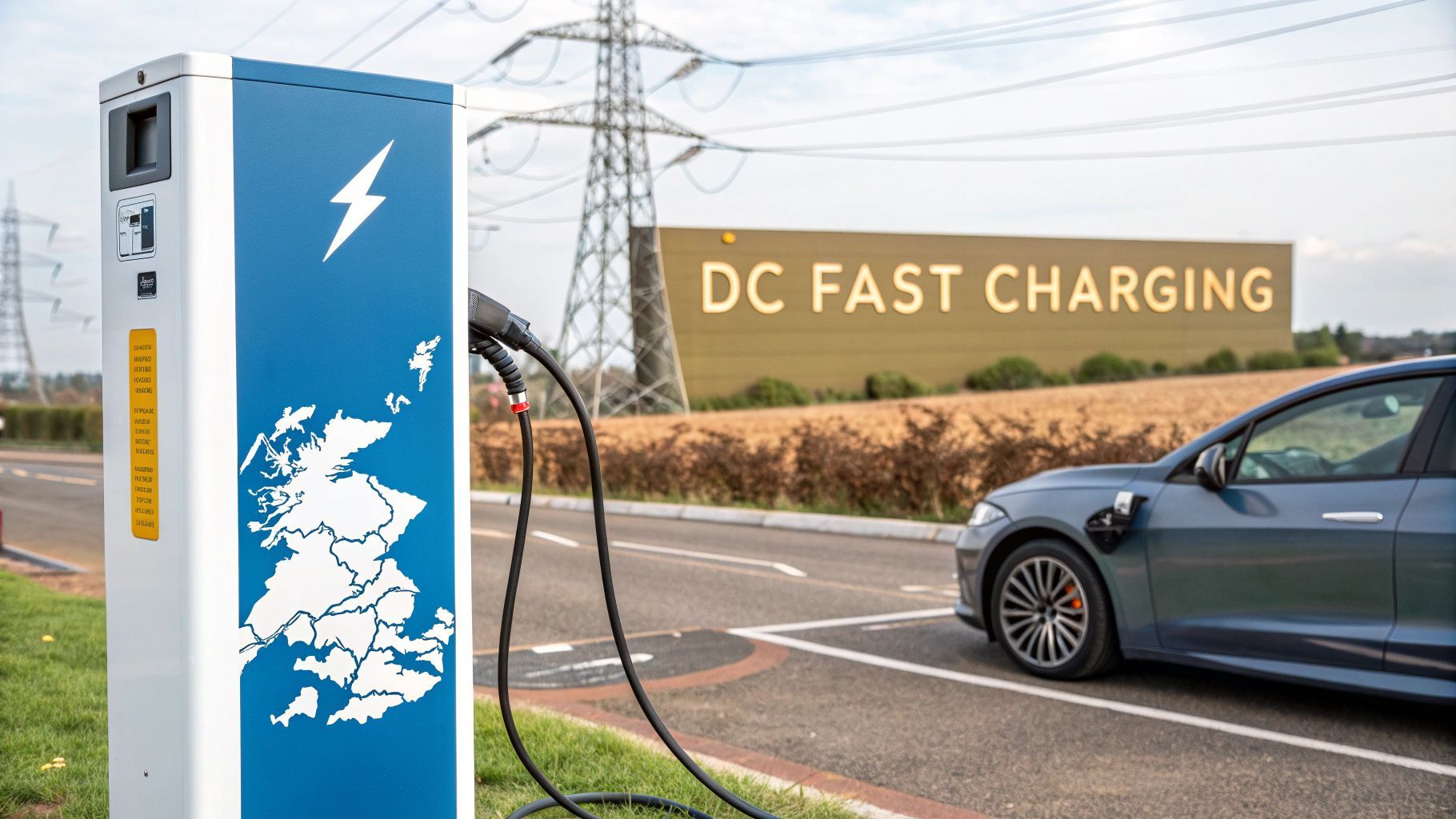DC fast charging ion the UK guide, showing EV and DC charger