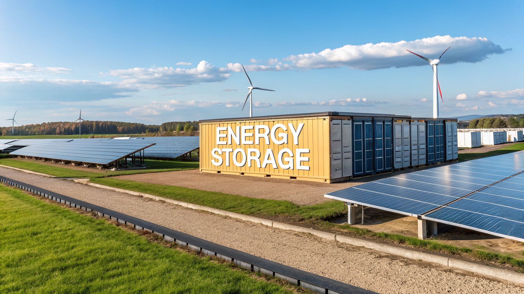 Energy storage facility with solar panels, shipping containers, and wind turbines in a green field under a blue sky.