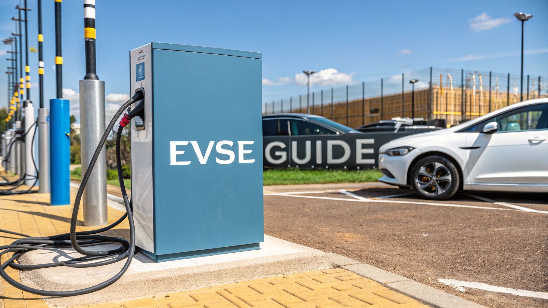 Electric vehicle charging station with a white car parked beside it. EVSE GUIDE sign visible.