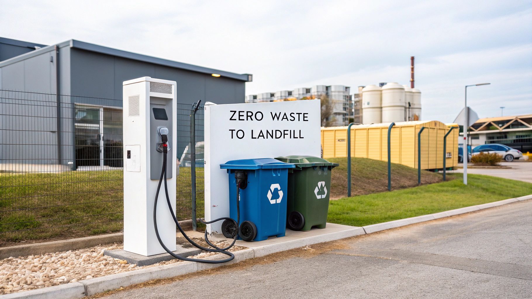Electric car charging station next to recycling bins; sign reads 