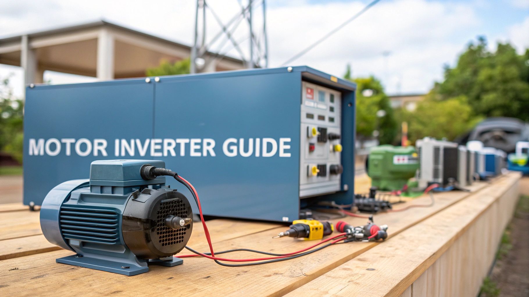 A motor inverter guide with an electric motor connected, outdoors.