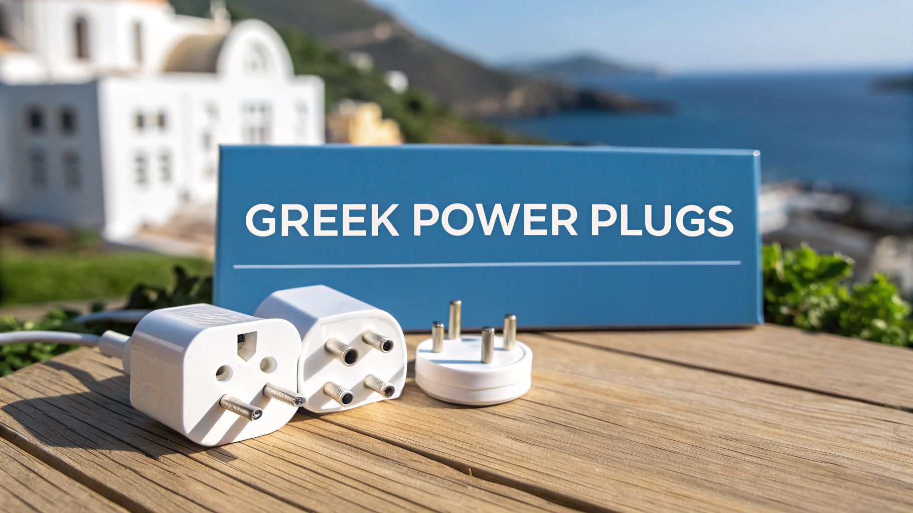 Three white Greek power adapters on a wooden table with a sign and a blurred seaside background.
