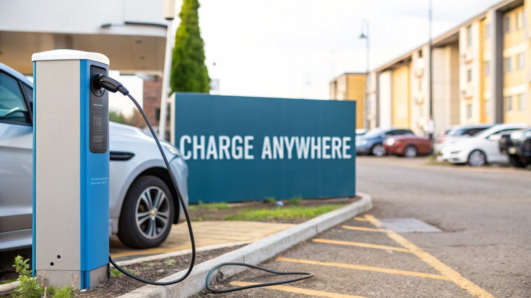 Electric car charging at a blue and white charging station, 