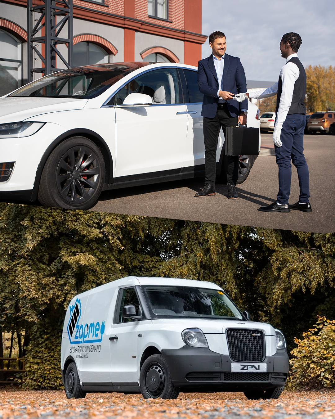 Two men are standing next to a white car and a zapme white van.