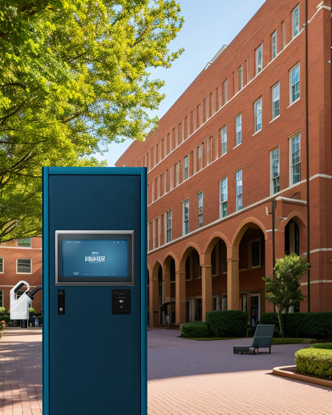 A large brick building with a blue kiosk in front of it