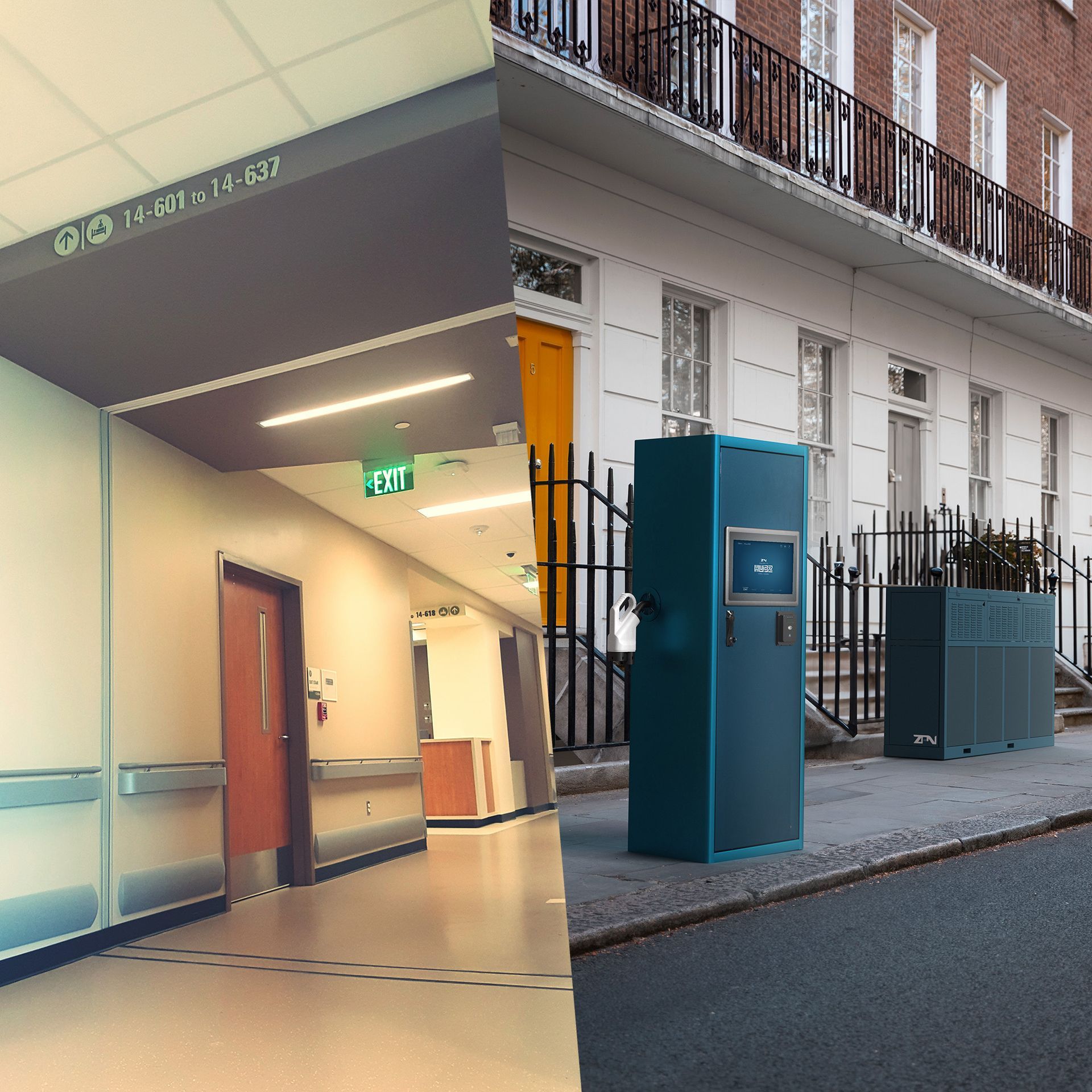 A picture of a hospital hallway next to a picture of a building with a zpn energy HUBZ charger