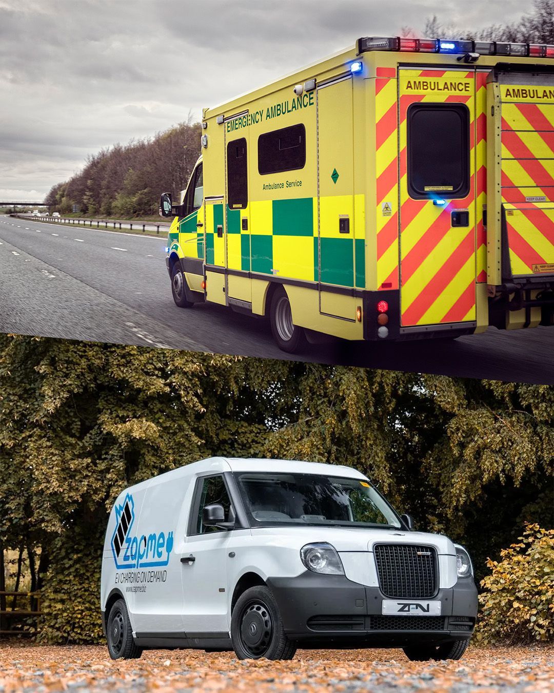 A yellow and green ambulance is parked next to a white zapme van.