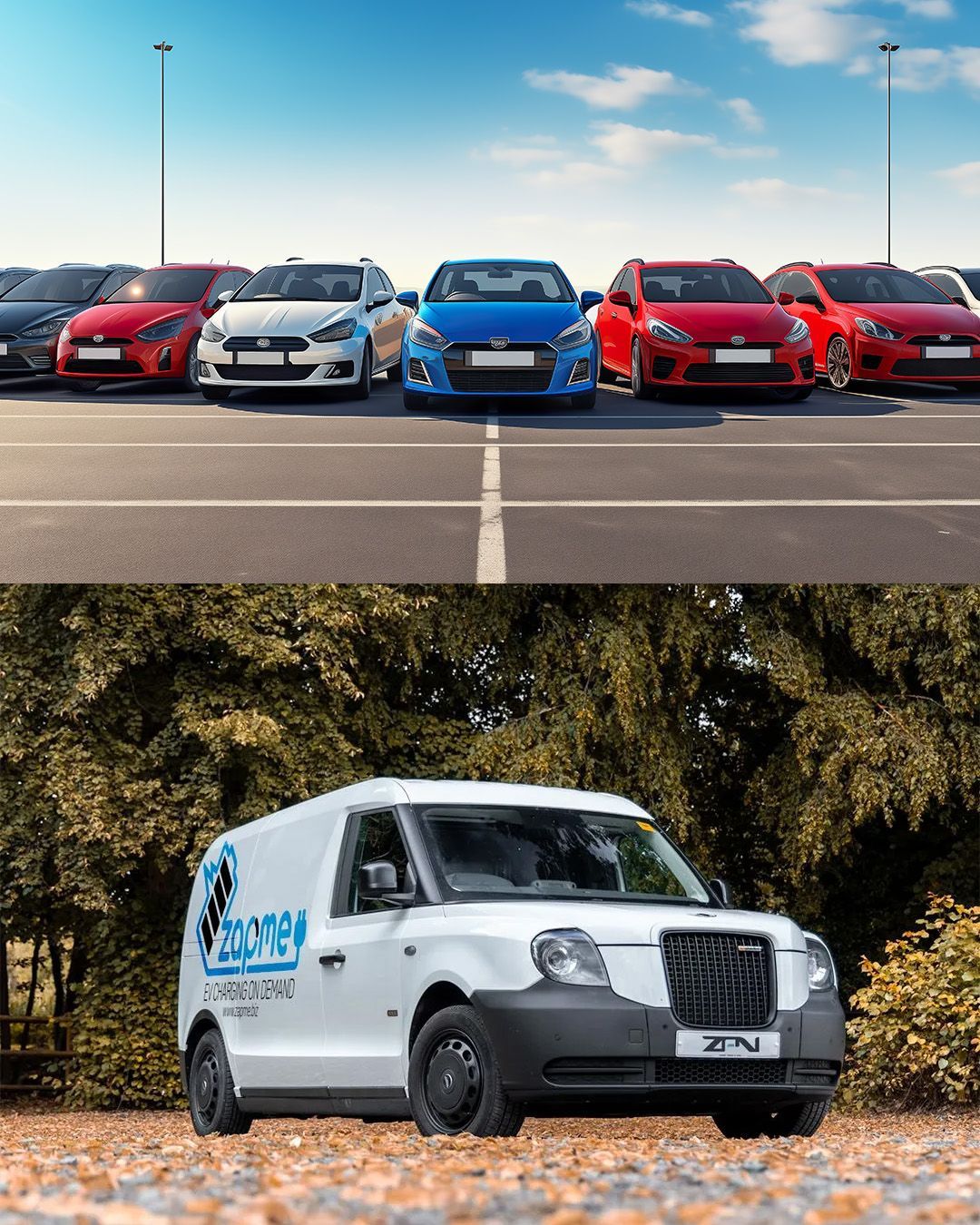 A row of EVs are parked in an automotive Dealership 