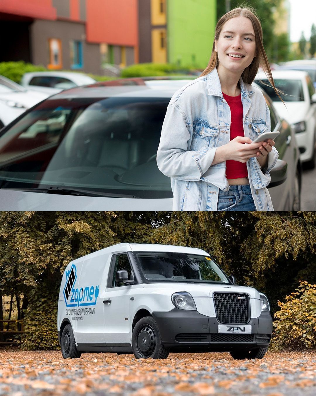 student leans on a car whilst EV charges