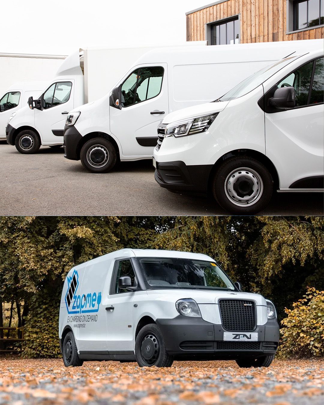 a row of varying sized electric fleet vehicles, vans and lorries parked on a concrete surface