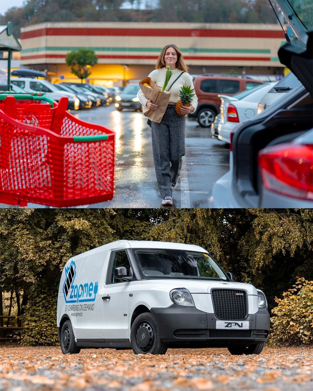 a woman carrying groceries walking from a supermarket through a car park.
front side view of the ZAPME Van outside 