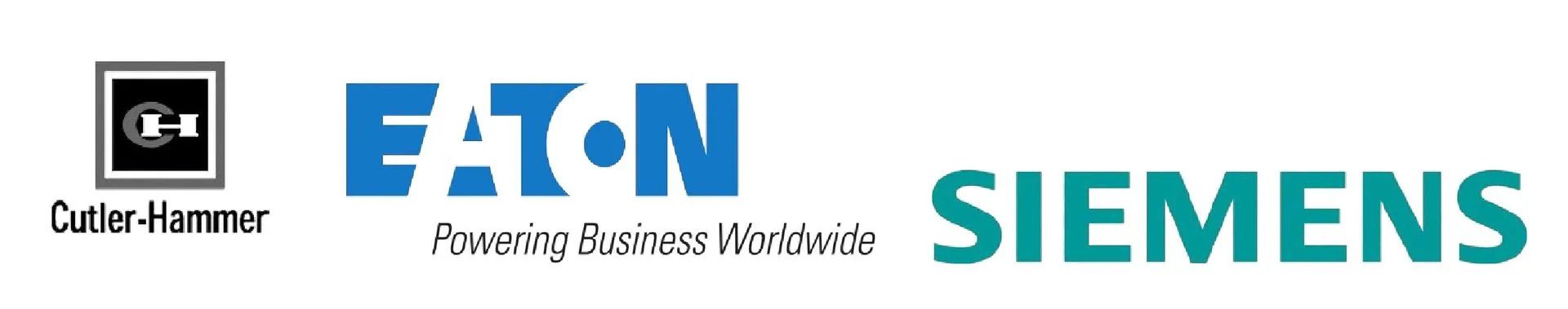Logos for Cutler-Hammer, Eaton, and Siemens, in a row.