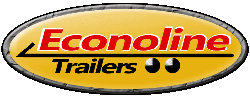 Logo for Econoline Trailers: Red text on gold oval, black underline, two circles, and black outline.