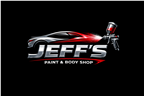 Logo for Jeff's Paint & Body Shop featuring a sleek red and silver car silhouette and a spray paint gun on black.