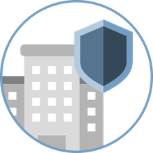 commercial building with a security shield icon