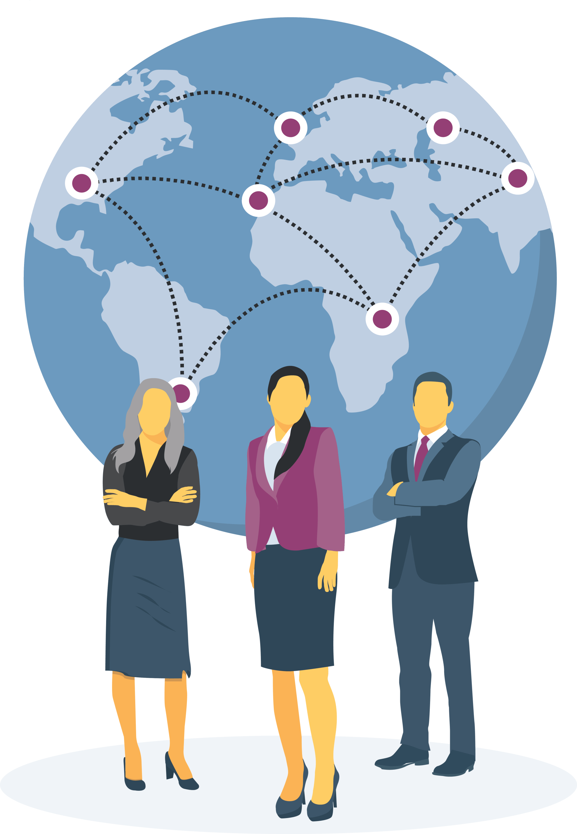 three experts standing in front of a globe with a global network illustration