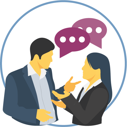 business people having a conversation with purple speech bubbles icon