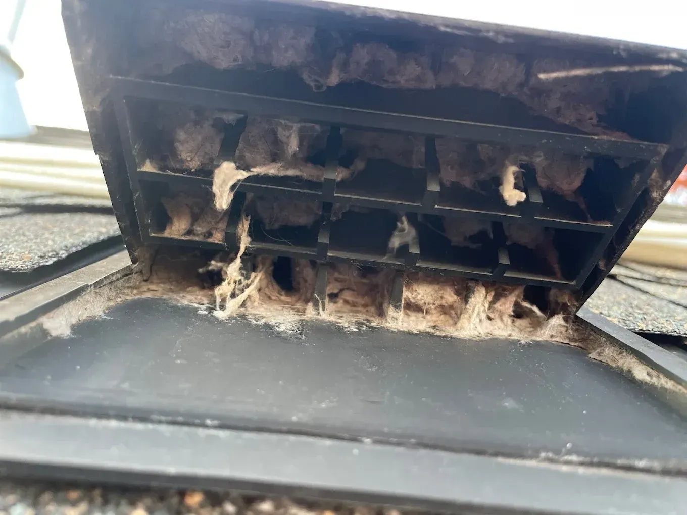 Close-up of a roof vent covered in matted, dirty debris, possibly animal nests, on a gray roof.