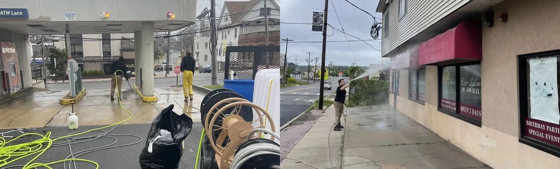 People cleaning a wet street with hoses. Buildings and overcast sky in the background.